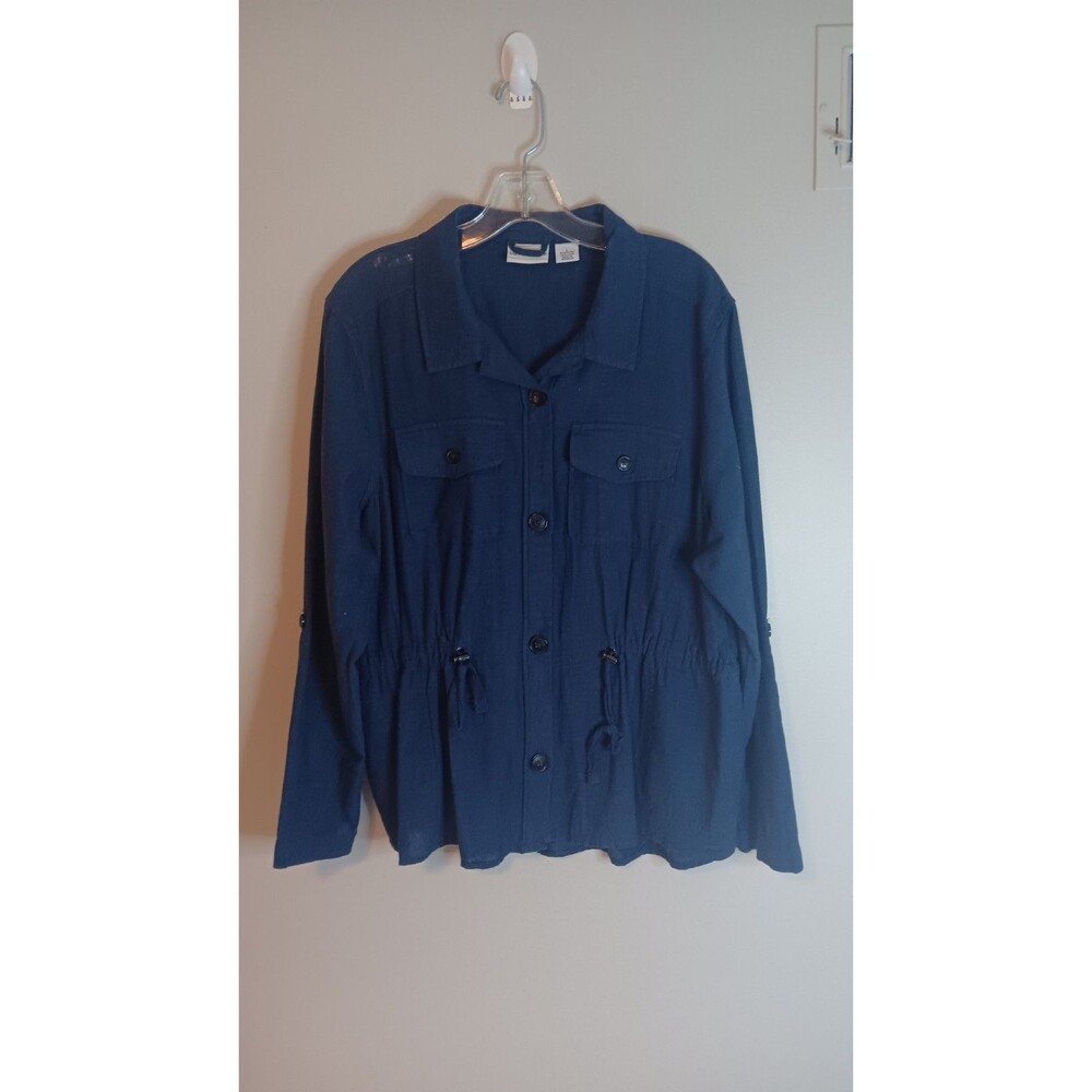 Liz Claiborne Blouse Linen Blend Button Up Top Blue Sz Large